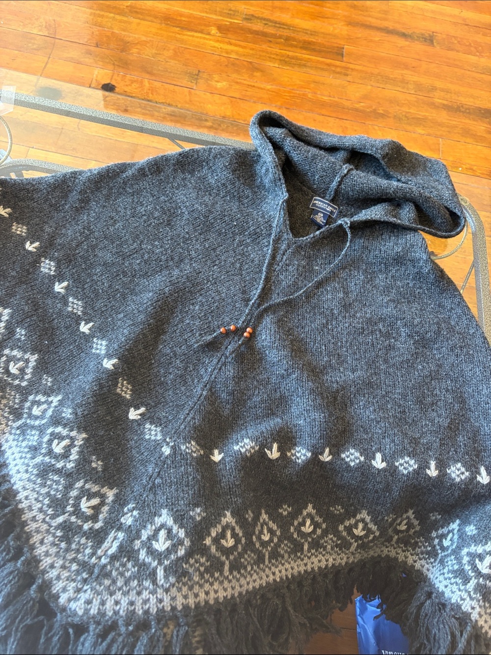 American Eagle Outfitters Charcoal Hooded Knit Poncho with Fair Isle Accent